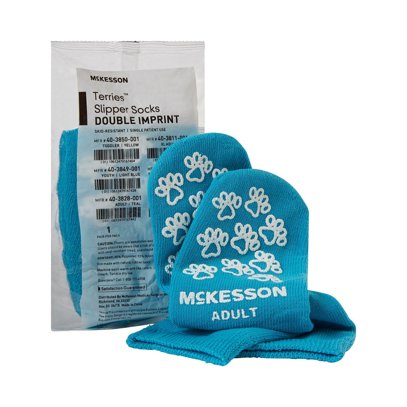 Slipper Socks McKesson Terries Unisex Adult One Size Fits Most Double Tread Single Patient Use Teal 
