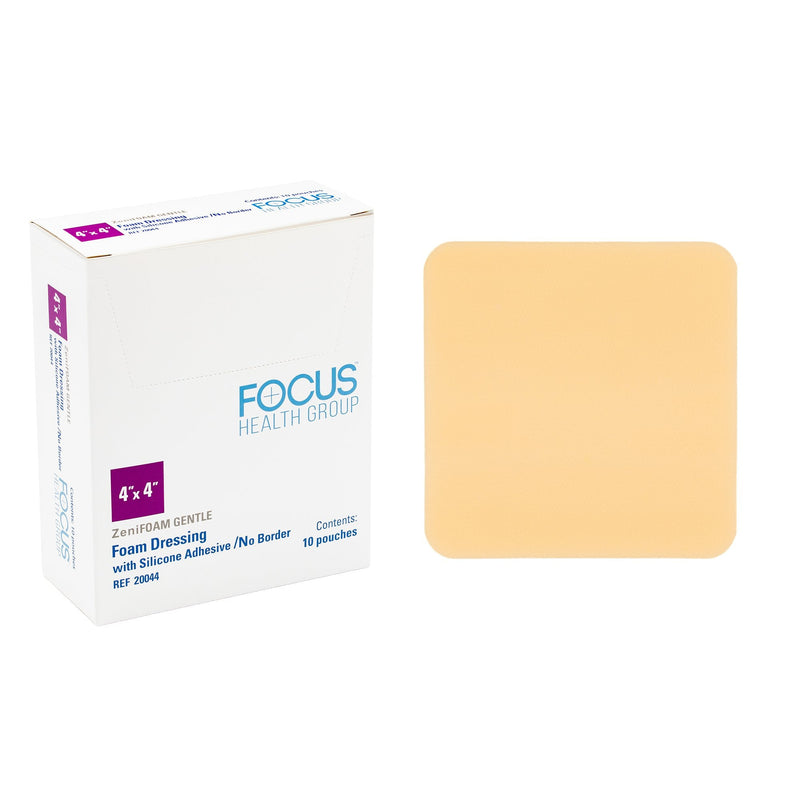 Focus Health Group Foam Dressing Zenifoam Gentle 4 X 4 Inch Without Border Waterproof Backing Silicone Adhesive Square Sterile (10/BX) 
