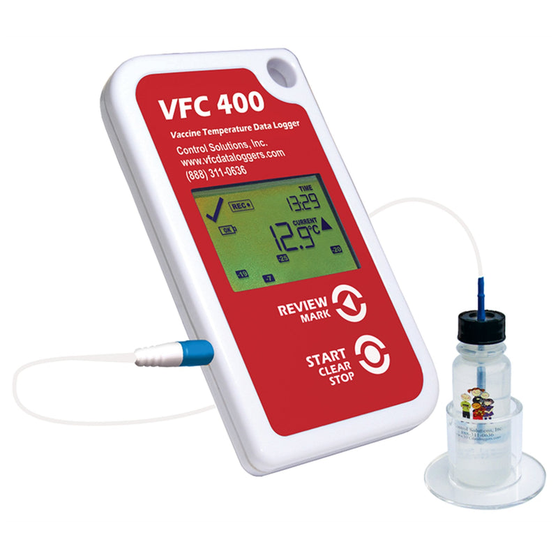 Control Solutions Inc Refrigerator / Freezer Vaccine Data Logger with Alarm Kit LogTag VFC400 Fahrenheit / Celsius -40° to 210°F (-40° to 99°C) Glycol Bottle Probe Multiple Mounting Options Battery Operated 