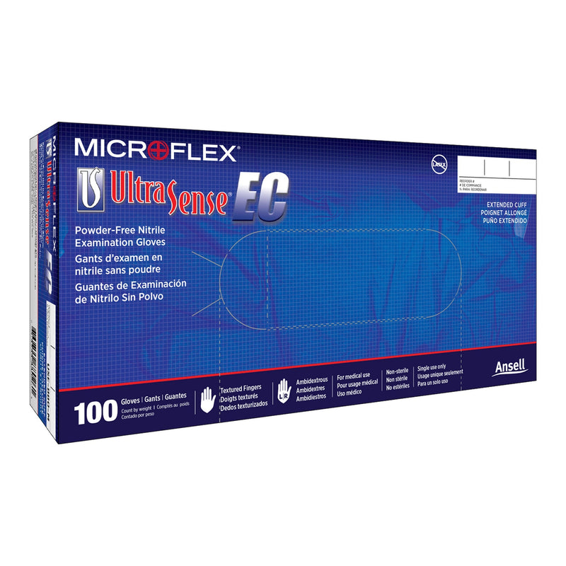 Exam Glove Ultrasense EC Medium 100 per Box NonSterile Nitrile Extended Cuff Length Textured Fingertips Blue Not Rated 
