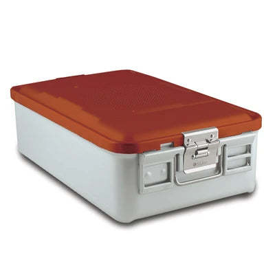 SklarLite Sterilization Container - Mid-Size, Safe Lid, Non-Perforated Bottom, 18-1/4" x 11" x 5", Red - 10-4374