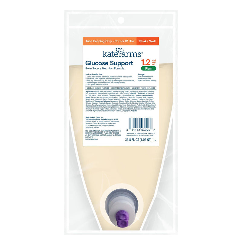 Tube Feeding Formula Kate Farms Glucose Support 1.2 Plain Flavor Liquid 1000 mL Ready to Hang Prefilled Container (Case of 6)