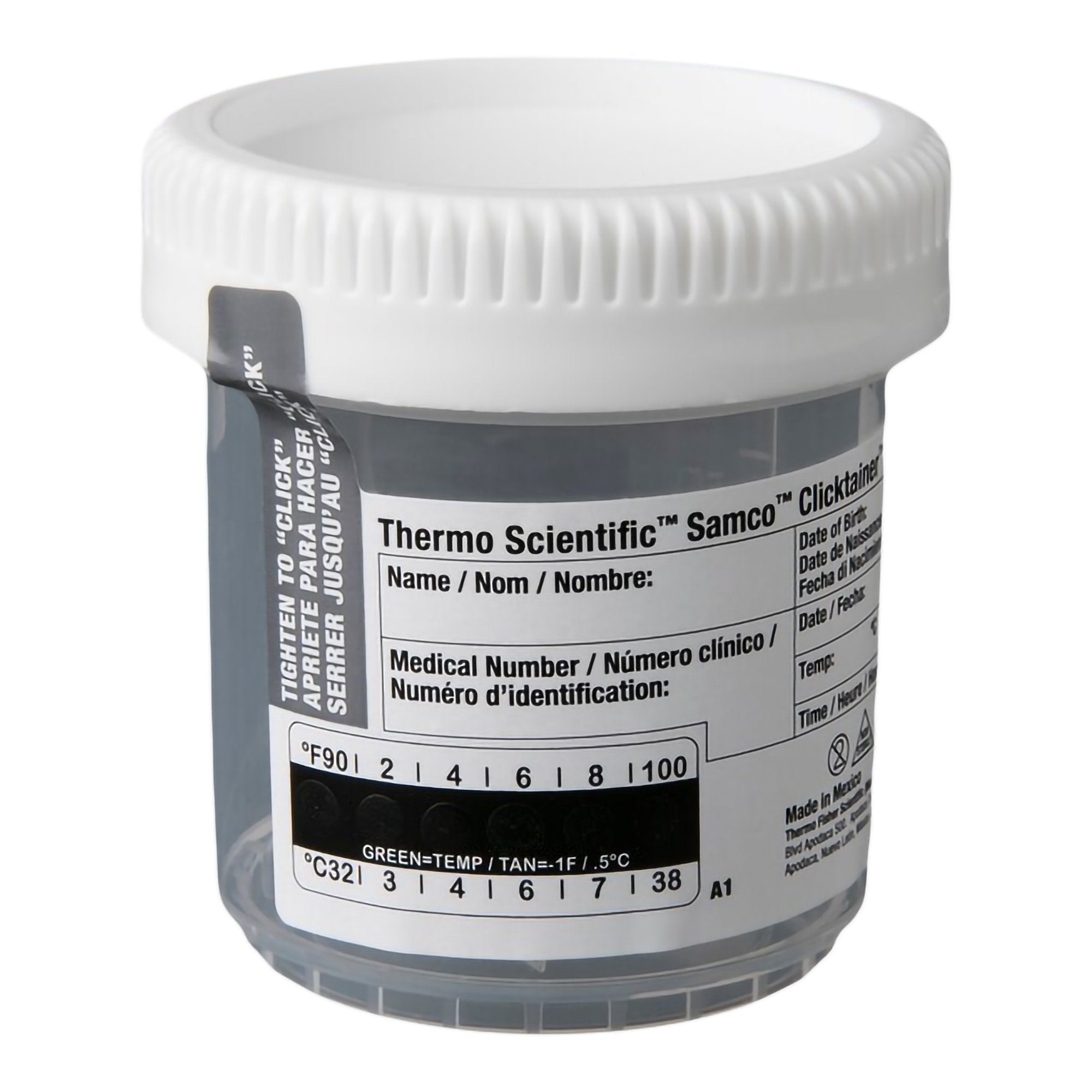 Thermo Scientific Specimen Container with Temperature Strip Samco Clicktainer 53 mm Opening 90 mL (3 oz.) Screw Cap Patient Information NonSterile (300/CS) 