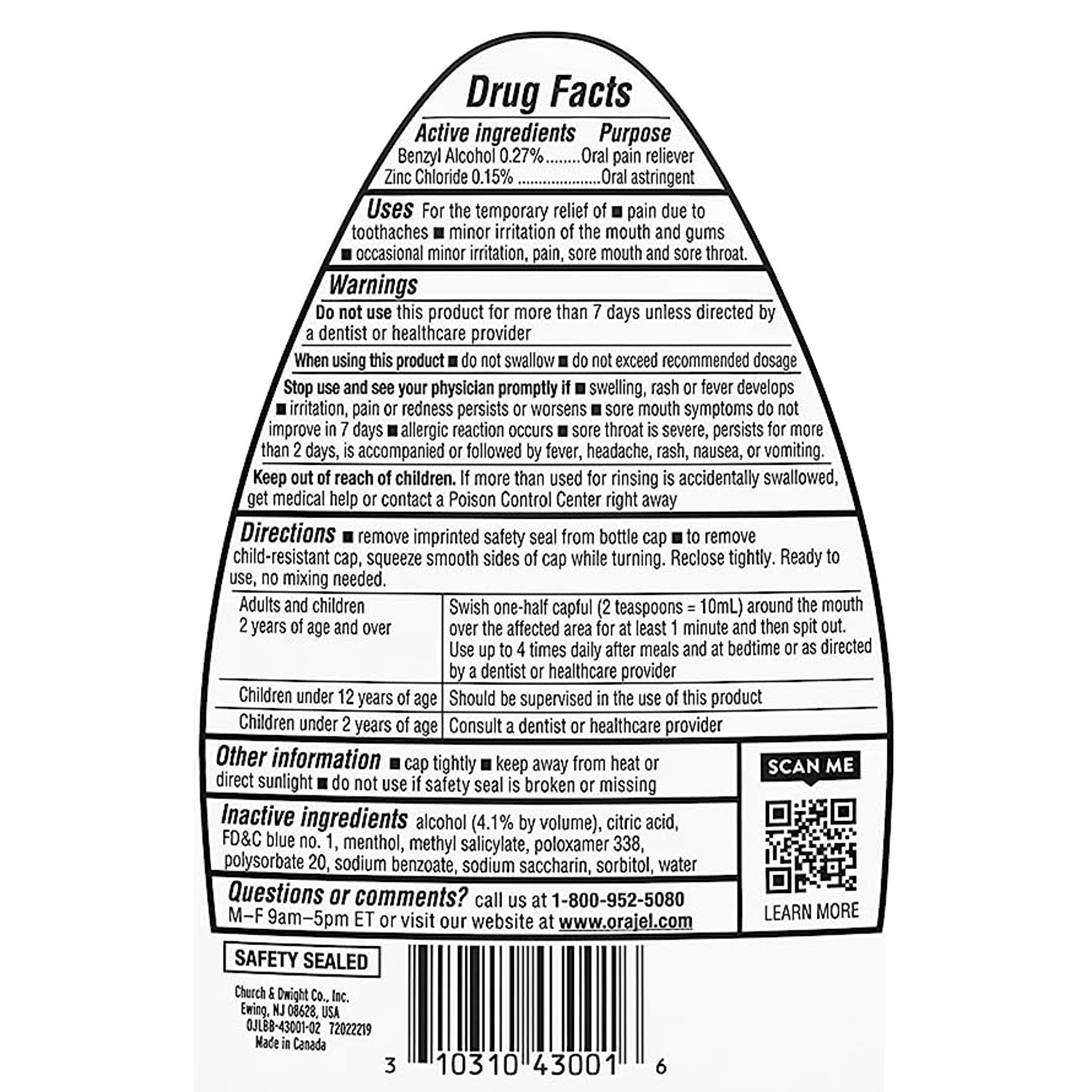 Church and Dwight Orajel for Toothache Analgesic and Astringent Rinse Soothing Mint 