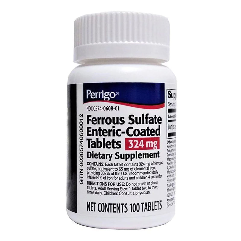 Perrigo Ferrous Sulfate (Iron) Enteric-Coated Dietary Supplement Tablets (Bottle of 100)