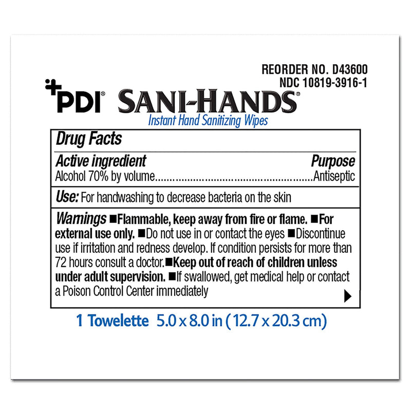 Sani-Hands Hand Sanitizing Wipes, Ethyl Alcohol, Unscented, 5 x 8 Inch (1000/CS) 