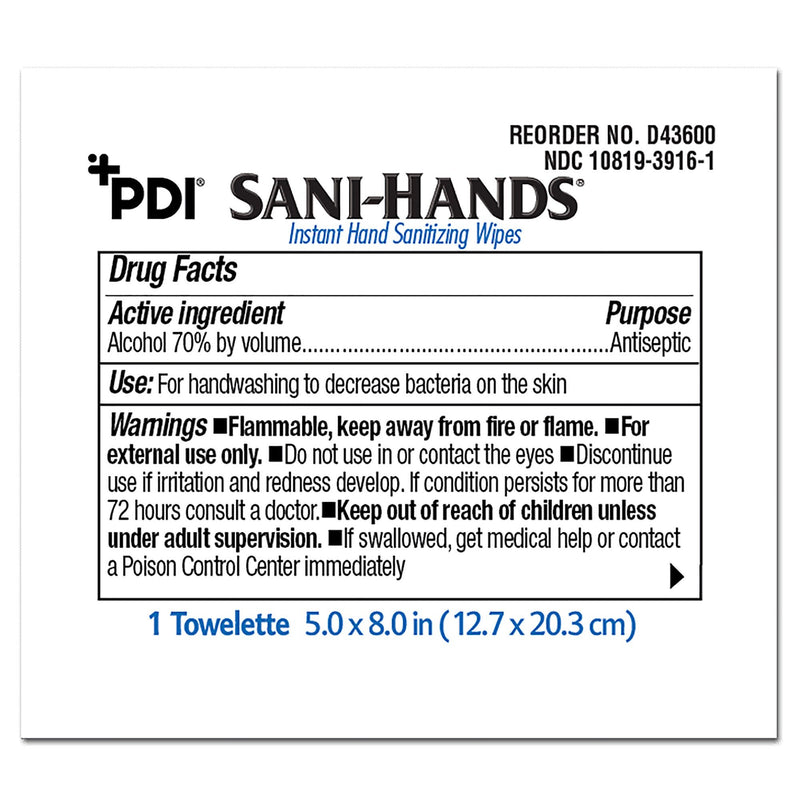 Sani-Hands Hand Sanitizing Wipes, Ethyl Alcohol, Unscented, 5 x 8 Inch (100/BX)