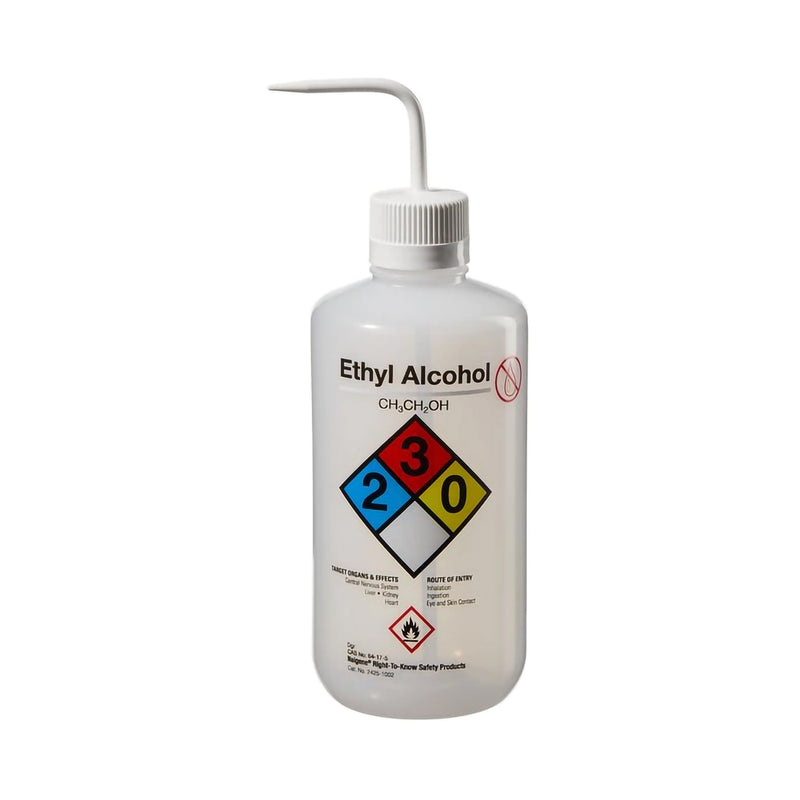 Safety Wash Bottle Nalgene Right-to-Know Ethyl Alcohol Label / Narrow Mouth LDPE / Polypropylene 1,000 mL (32 oz.) (Case of 12)