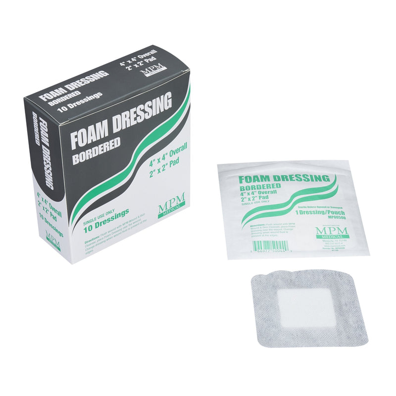 Foam Dressing MPM 4 X 4 Inch With Border Waterproof Backing Adhesive Square Sterile (100/CS) 
