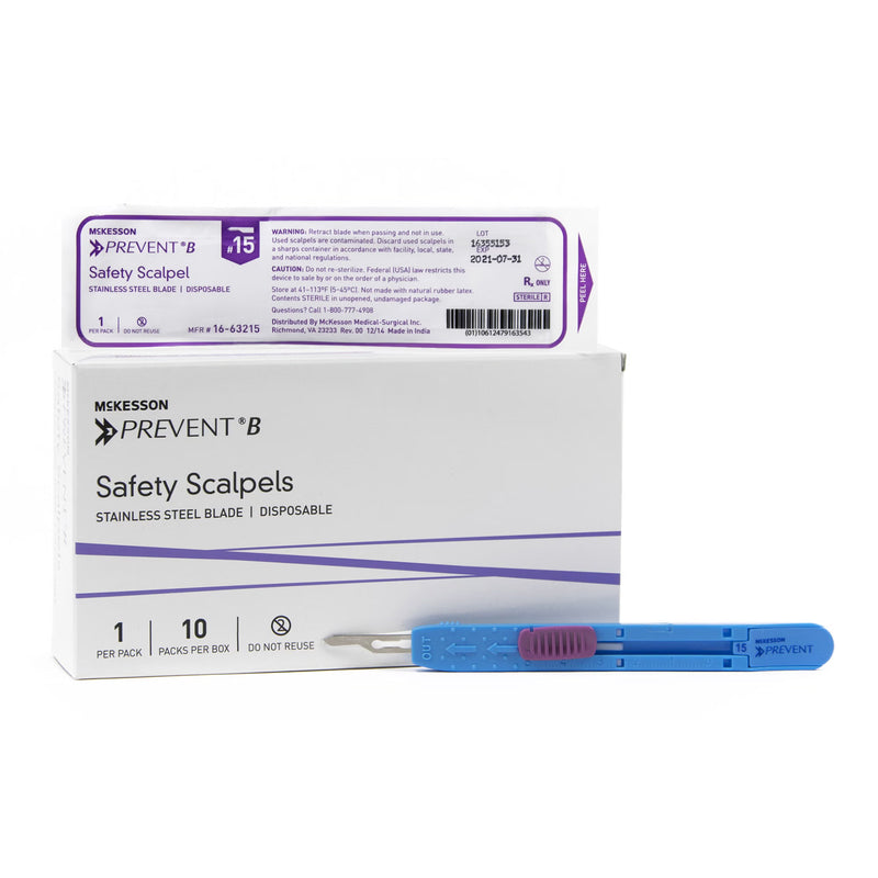 Safety Scalpel McKesson Prevent B No. 15 Stainless Steel / Plastic Sensory Grip Handle Sterile Disposable (Case of 200)