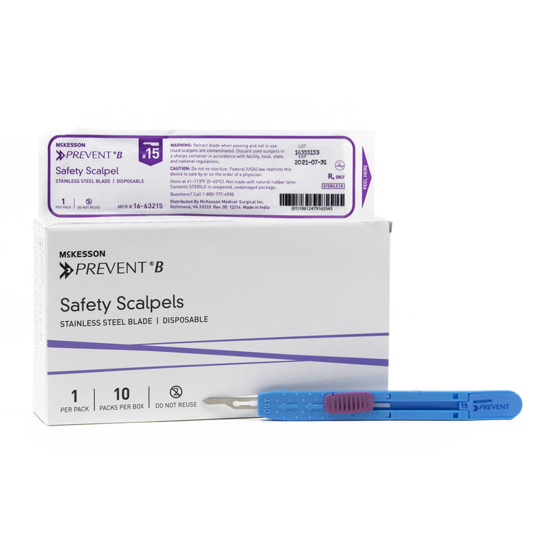 Safety Scalpel McKesson Prevent B No. 15 Stainless Steel / Plastic Sensory Grip Handle Sterile Disposable 
