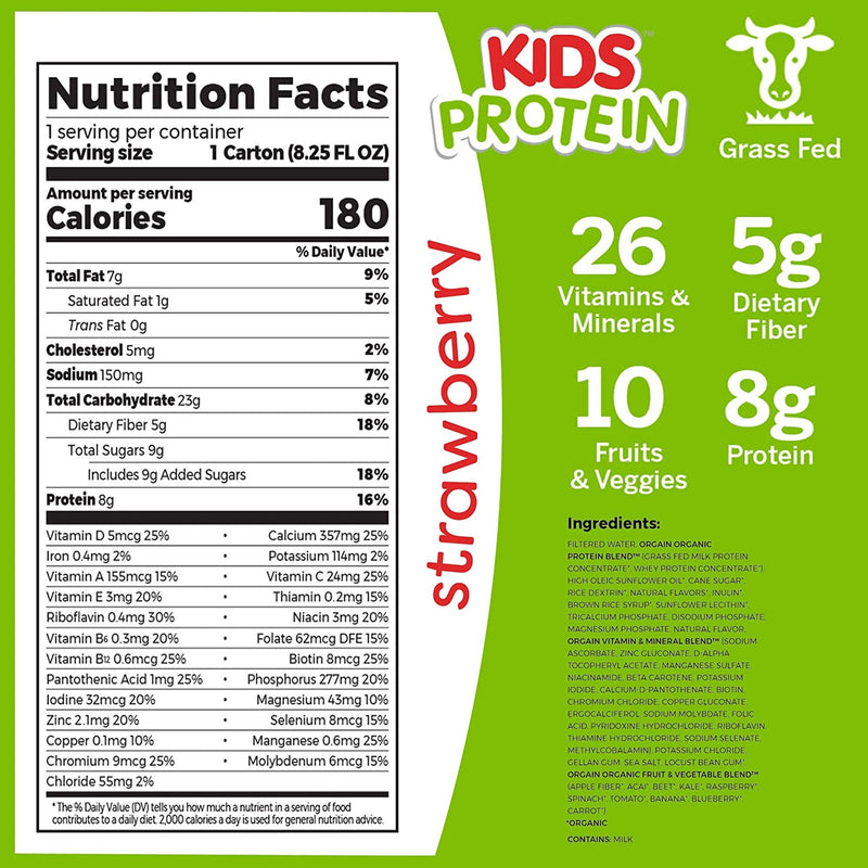Orgain Kids Protein Organic Nutritional Shake, Strawberry, 8.25-ounce carton