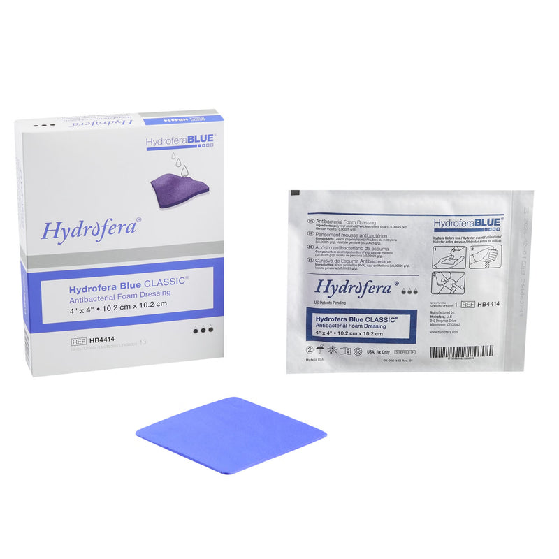 Antibacterial Foam Dressing Hydrofera BLUE Classic 4 X 4 Inch Without Border Without Film Backing Nonadhesive Square Sterile (Box of 10)