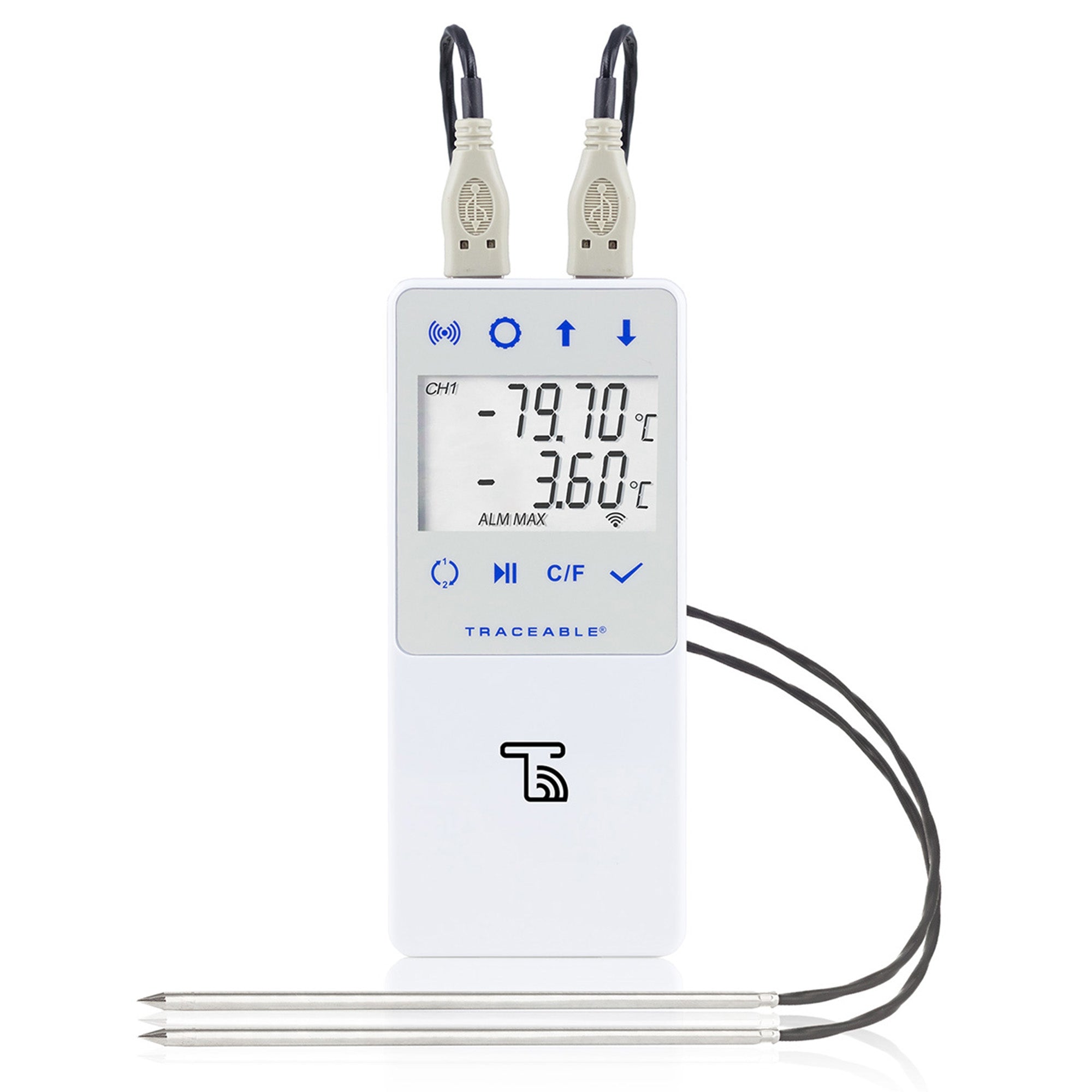 Cole-Parmer/Antylia Scientific Ultra-Low Temperature Data Logger with Alarm TraceableLIVE Fahrenheit / Celsius -130° to +221°F (-90° to +105°C) 2 Stainless Steel Probes Multiple Mounting Options Battery Operated 