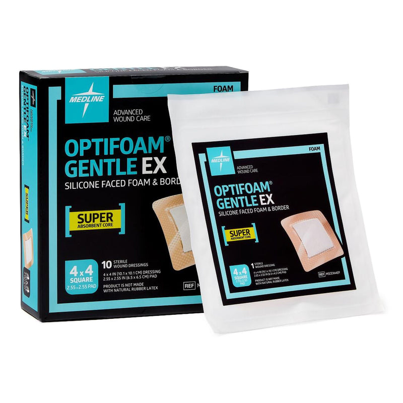 Foam Dressing Optifoam Gentle EX 4 X 4 Inch With Border Waterproof Backing Silicone Face and Border Square Sterile (Case of 100)