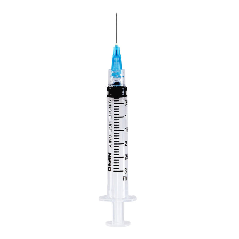 Standard Hypodermic Syringe with Needle Nipro 3 mL 3/4 Inch 22 Gauge NonSafety Ultra Thin Wall 