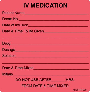 Pre-Printed Label MedVision Anesthesia Label Fluorescent Red Paper IV Medication Added Black Syringe Label 2-7/16 X 2-1/2 Inch (Roll of 400)