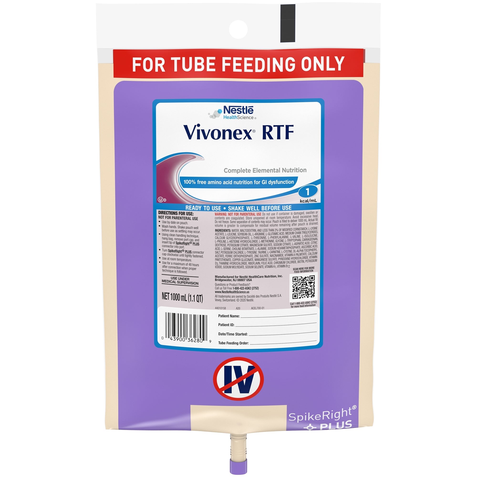 Tube Feeding Formula Vivonex RTF Unflavored Liquid 1000 mL Ready to Hang Prefilled Container 