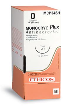 Absorbable Antibacterial Suture with Needle Monocryl Plus Poliglecaprone 25 with Irgacare MP Antibacterial Suture PS-1 3/8 Circle Reverse Cutting Needle Size 3-0 Monofilament 