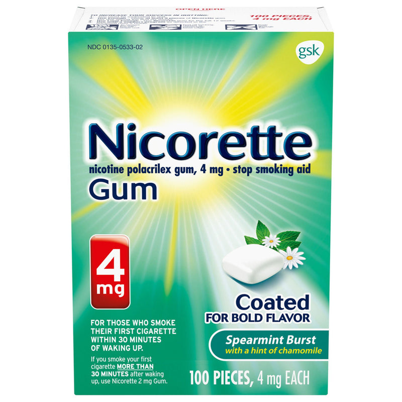 Nicorette Stop Smoking Aid Gum 4 mg Spearmint Burst with a Hint of Chamomile (Carton of 100)