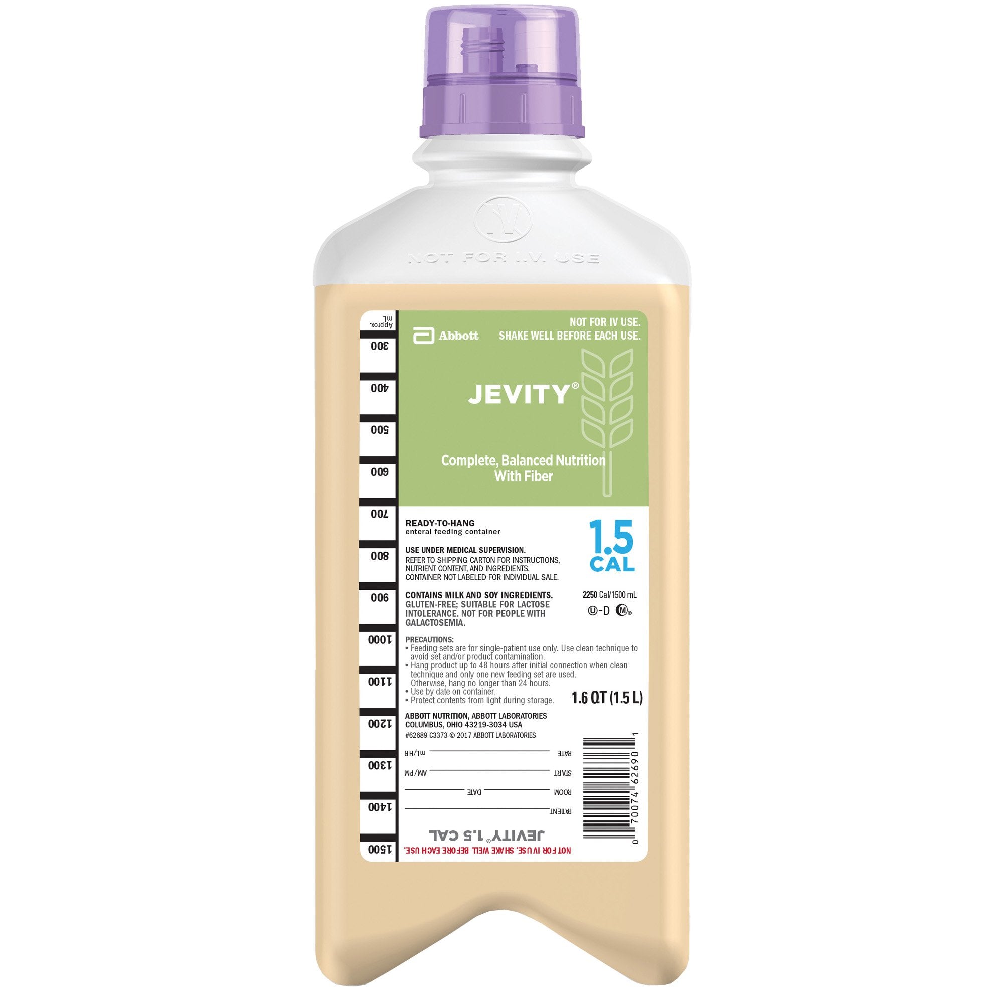 Abbott Nutrition Jevity 1.5 Cal Tube Feeding Formula, 1500 mL Ready to Hang Carton (6/CS) 