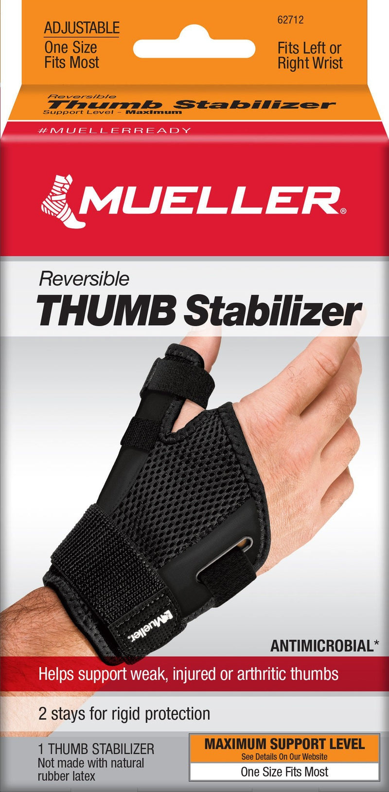 Thumb Stabilizer Mueller Sport Care Adult One Size Fits Most D-Ring / Hook and Loop Strap Closure Left Hand Black (Each) 