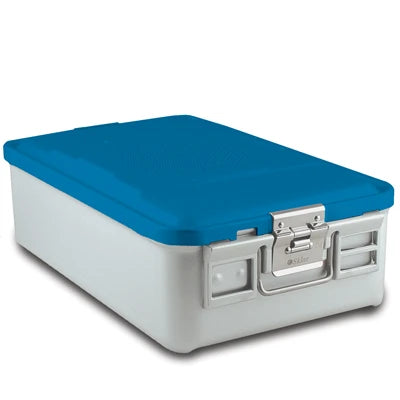 SklarLite Sterilization Container - Mid-Size, Standard Lid, Non-Perforated Bottom, 18-1/4" x 11" x 5", Blue - 10-4354