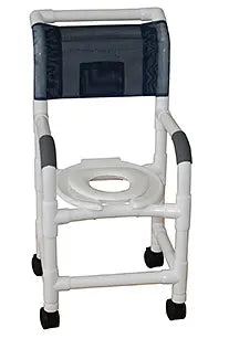 MJM International Shower chair 15" internal width, for small adult or pediatric needs, double drop arms, and 10 qt slide out square commode pail 3" twin casters, open front seat, 250 LBS cap. 
