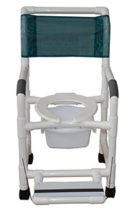 MJM International Shower chair 18" internal width, 3" TOTAL LOCK casters, with deluxe elongated open front soft seat dual usuage w/removable center section, folding footrest and 10 qt slide out square commode pail, 300 lbs wt cap