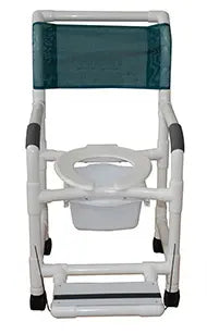 MJM International Shower chair 18" internal width, 3" TOTAL LOCK casters, with deluxe elongated open front soft seat dual usuage w/removable center section, folding footrest and 10 qt slide out square commode pail, 300 lbs wt cap 