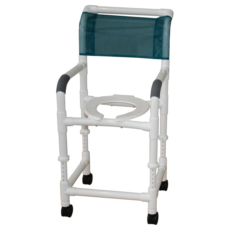 MJM International Adjustable Height Shower Chair 18" Internal Width,Open Front Seat, 3" Twin Casters, 250 Lbs Weight Capacity