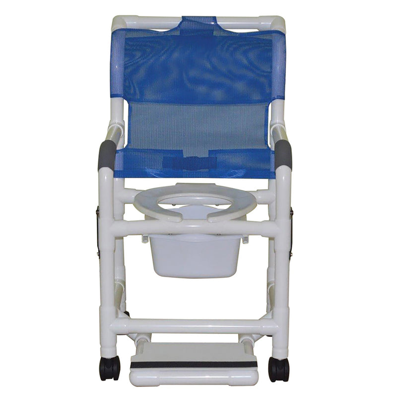 MJM International Shower chair 18" internal width,open front seat, 3" twin casters, with double drop arms, slide out footrest and 10 qt slide out square commode pail, 300 LBS