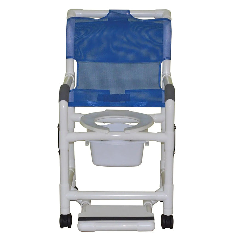 MJM International Shower chair 18" internal width,open front seat, 3" twin casters, with double drop arms, slide out footrest and 10 qt slide out square commode pail, 300 LBS 