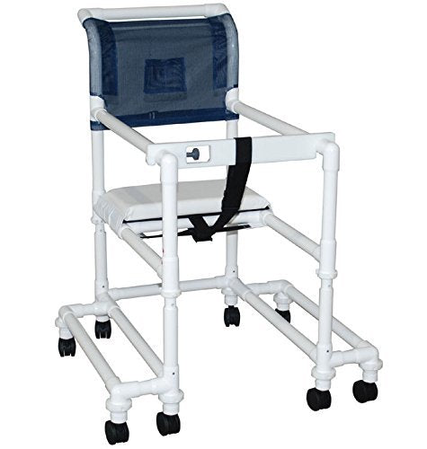 MJM International Shower chair 18" internal width,open front seat, 3" twin casters, with double drop arms, slide out footrest and deluxe elongated open front soft seat, 300 LBS