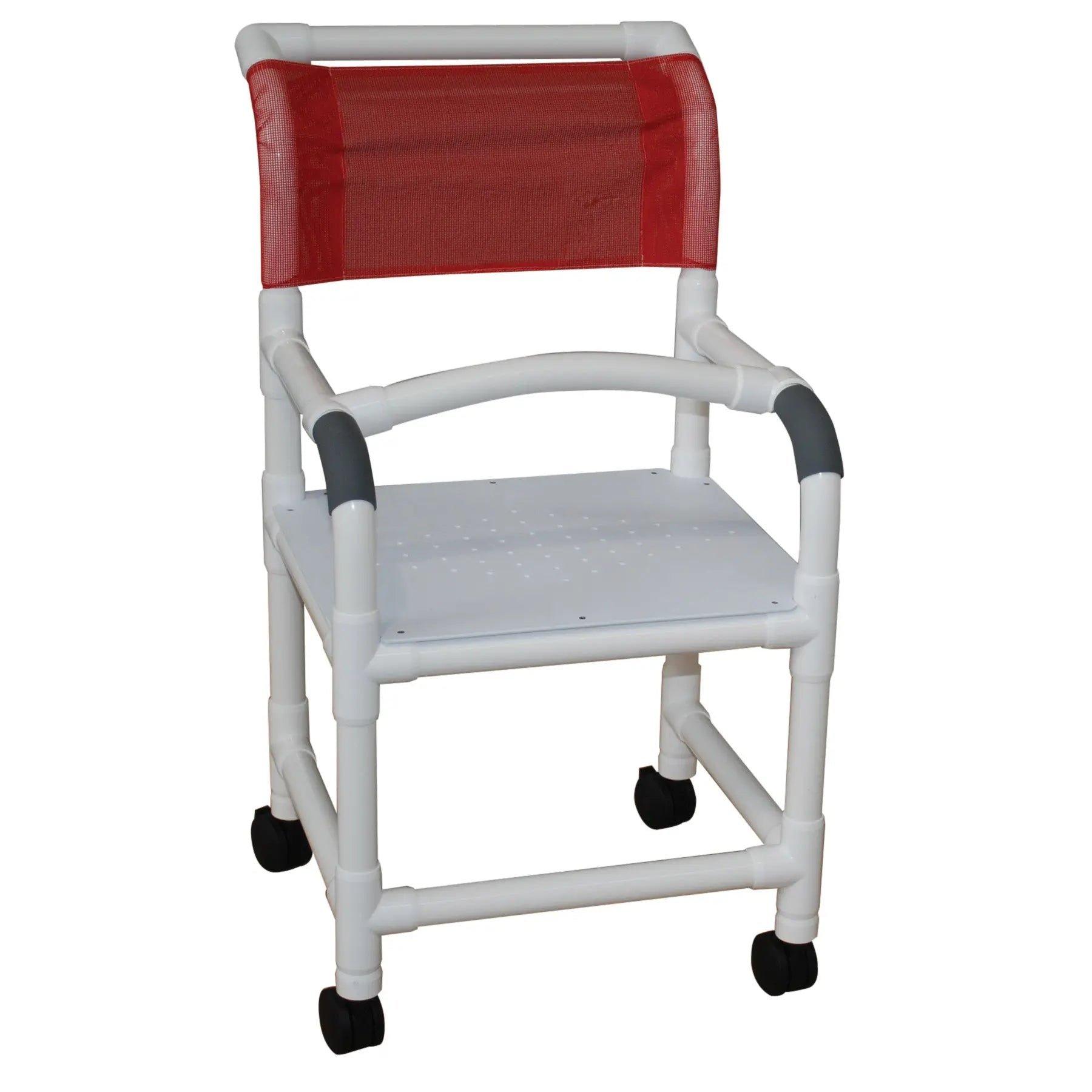 MJM International Shower chair 18" internal width, 3" twin casters, flatstock seat w/ drain holes  & lap security bar 300 lbs wt cap 