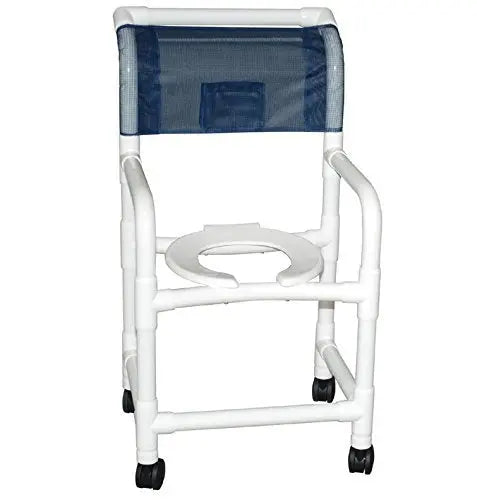 MJM International Shower chair 18" internal width, open front seat, 3" twin casters, folding footrest , privacy skirt and commode pail 300 lbs wt cap 
