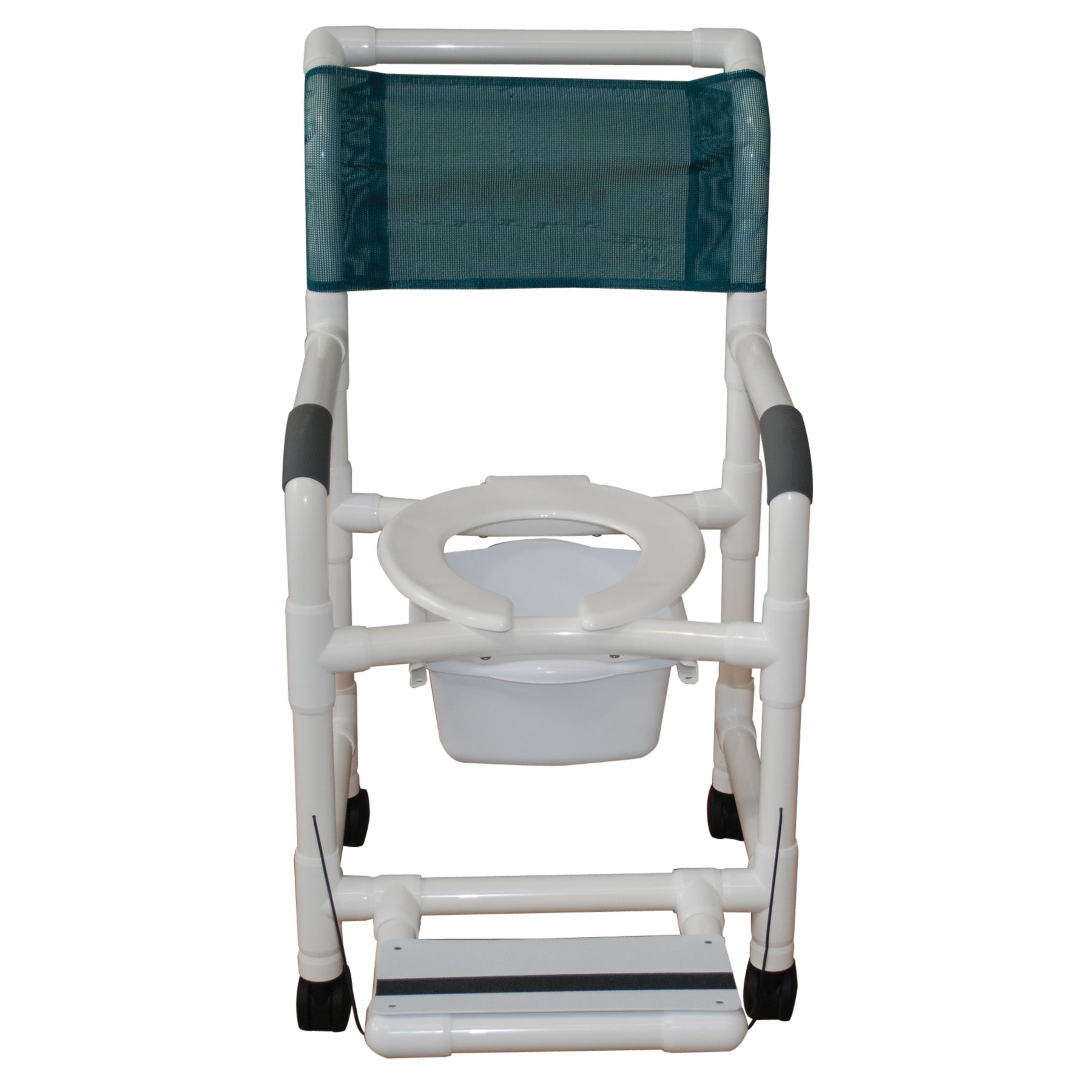 MJM International Shower chair 18" internal width, open front seat, 3"twin casters, folding footrest and 10 qt slide out commode pail 300LBS