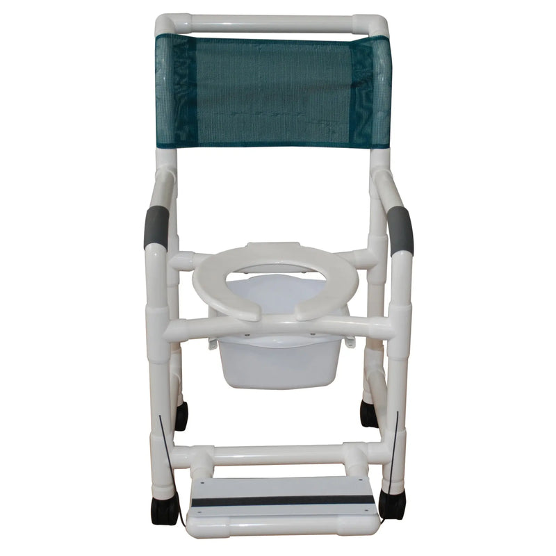 MJM International Shower chair 18" internal width, open front seat, 3"twin casters, folding footrest and 10 qt slide out commode pail 300LBS 