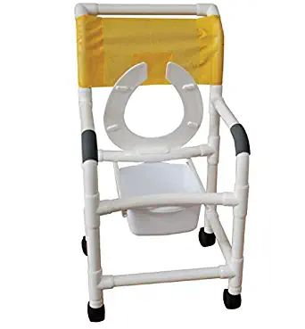 MJM International Shower chair 18" internal width, flared stability, open front front flip up seat, buckle safety belt, folding footrest and 10 quart slide out square commode pail, 3" twin casters, 300 LBS