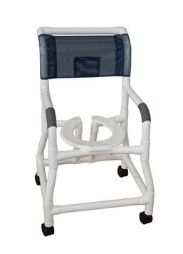 MJM International Shower chair 18" internal width, 3" twin casters, flared stability with w/ reverse open seat, 300 lbs wt cap
