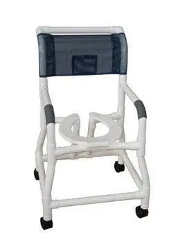 MJM International Shower chair 18" internal width, 3" twin casters, flared stability with w/ reverse open seat, 300 lbs wt cap 