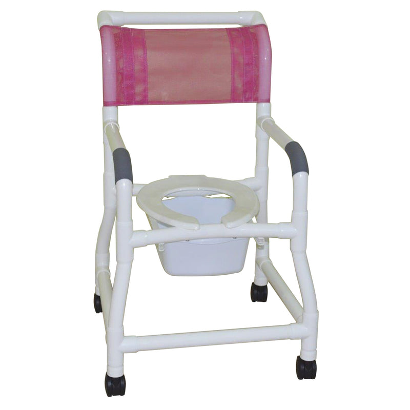 MJM International Shower chair 18" internal width, open front seat,  3"twin casters flared stability-4" wider bottom base and 10 qt slide out commode pail, 300 lbs wt cap