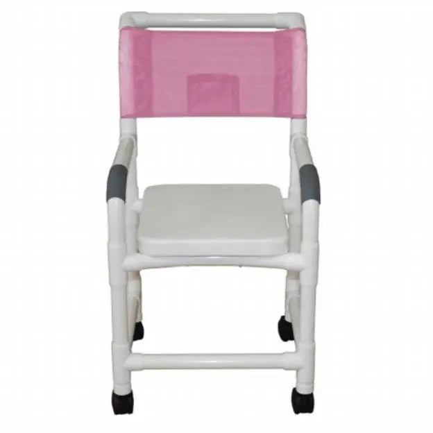 MJM International Shower chair 18" internal width,open front seat, 3" twin casters, high back and soft seat complete--no commode opening, 300 lbs wt cap 