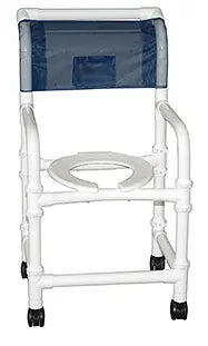 MJM International Knocked Down Standard shower chair, 18" Internal width, deluxe elongaed open front soft seat, 3" twin casters, 300 lbs wt capacity 