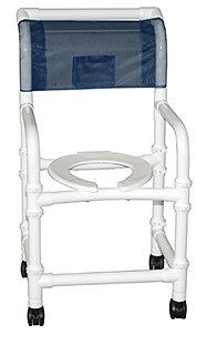 MJM International Knocked Down Standard shower chair, 18" Internal width, deluxe elongaed open front soft seat, 3" twin casters, 300 lbs wt capacity