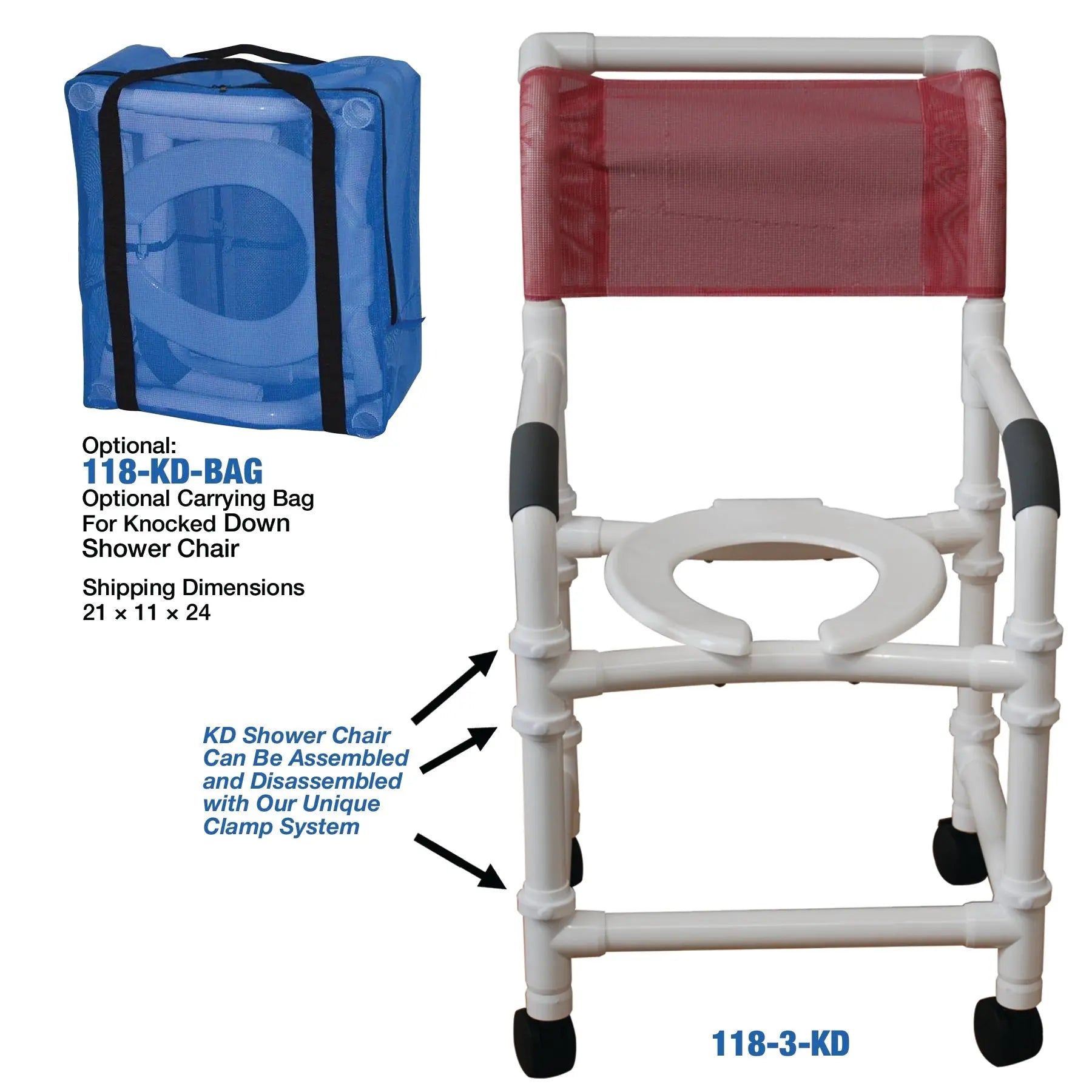 MJM International Knocked Down Standard Shower Chair, 18" Internal Width, 3" Twin Casters, Open Front Seat, 300 Lbs Weight Capacityacity 