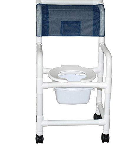 MJM International Shower chair 18" internal width, 3" twin casters true vertical open front , with double drop arms and 10 qt slide out commode pail, 300 lbs wt cap