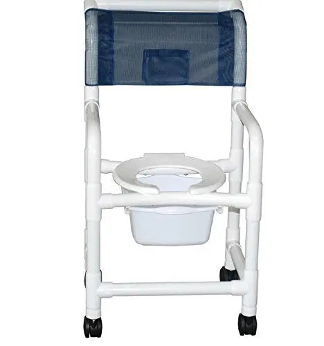 MJM International Shower chair 18" internal width, 3" twin casters true vertical open front , with double drop arms and 10 qt slide out commode pail, 300 lbs wt cap 