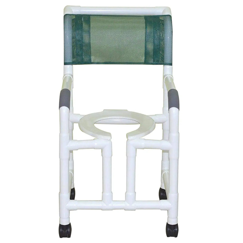 MJM International Shower chair 18" internal width, 3" twin casters true vertical open front , 300 lbs wt cap 