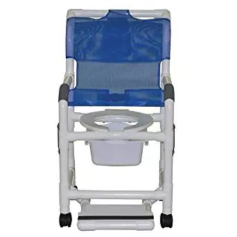 MJM International Shower chair 18" internal width, 3" twin casters, with sliding footrest, 10 qt commode pail, deluxe elongated open front soft seat, and double drop arms 300 lbs wt cap